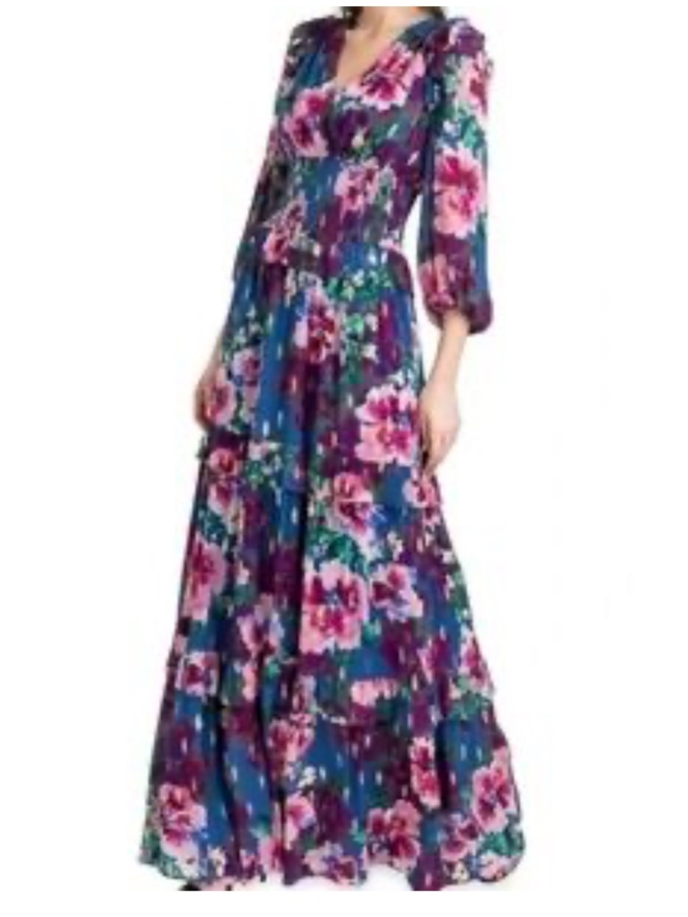 Shoshanna midnight floral lurex trim long sleeve maxi dress NWT SZ 6 formal - Picture 1 of 10
